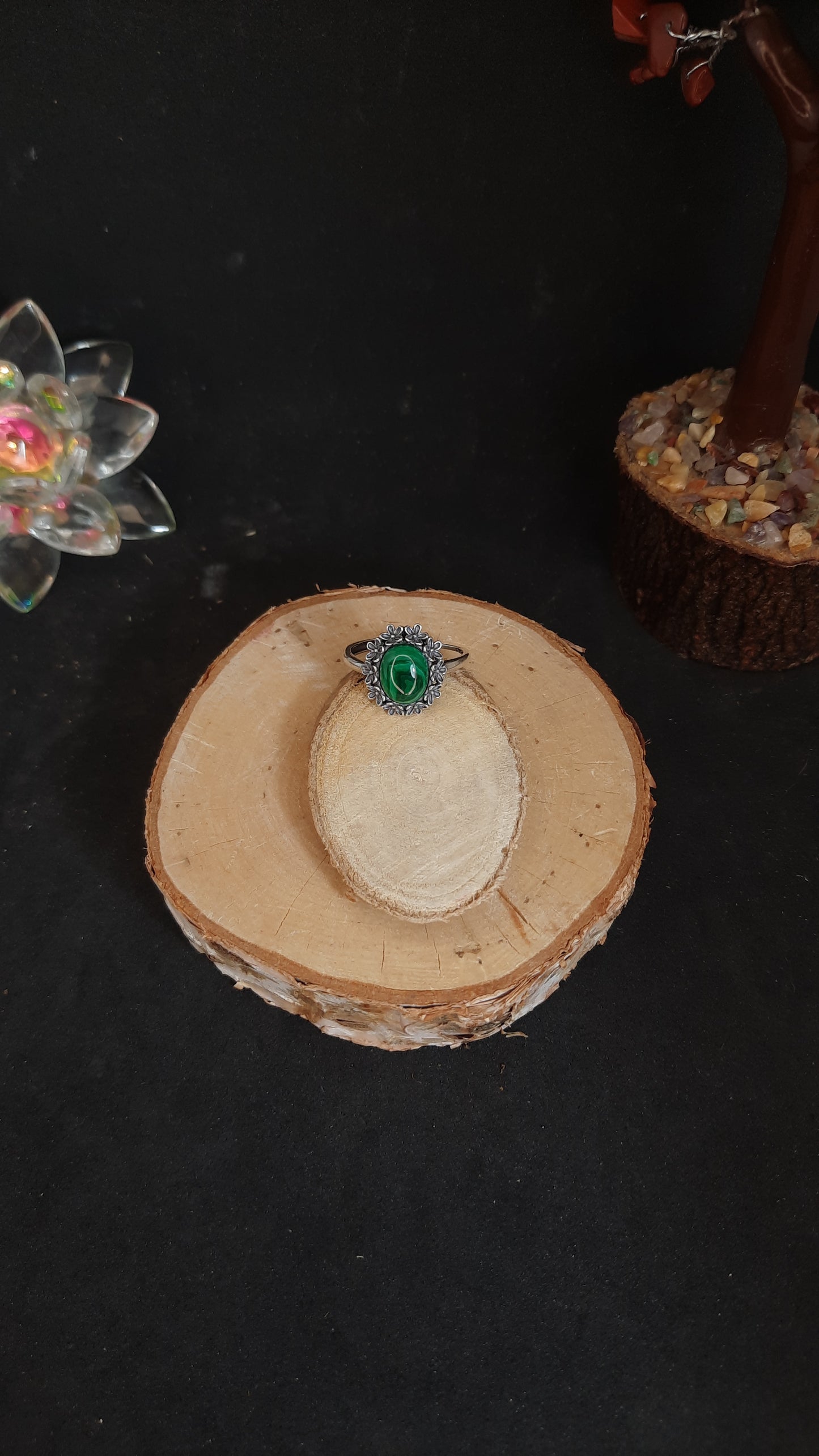 Bague en argent fleur en malachite