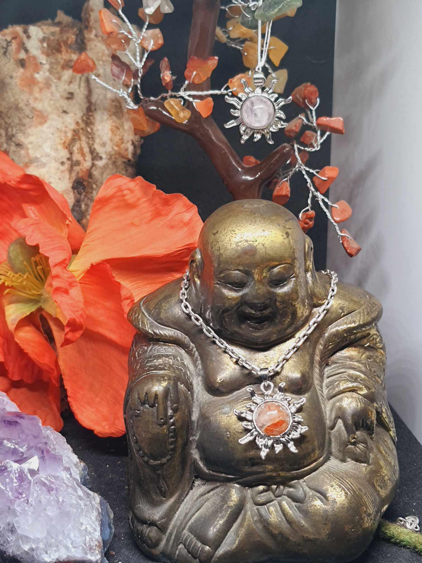 Pendentif Soleil en acier et pierre