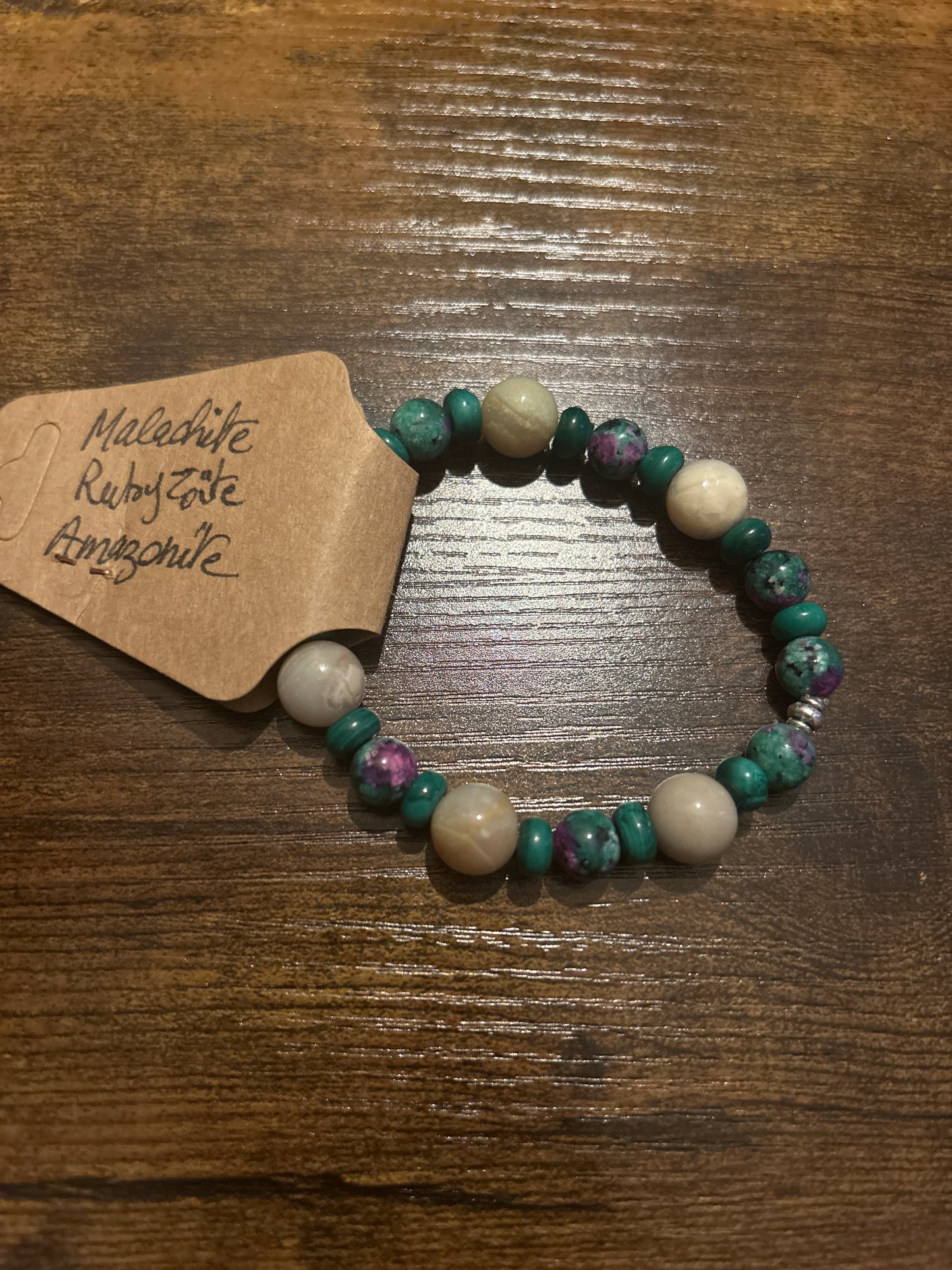 Bracelet en rubizoisite, malachite et amazonite