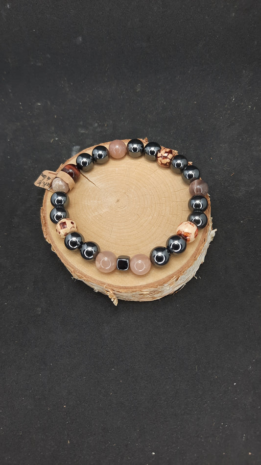 Bracelet en Hématite, Pierre de Lune pêche et Bois