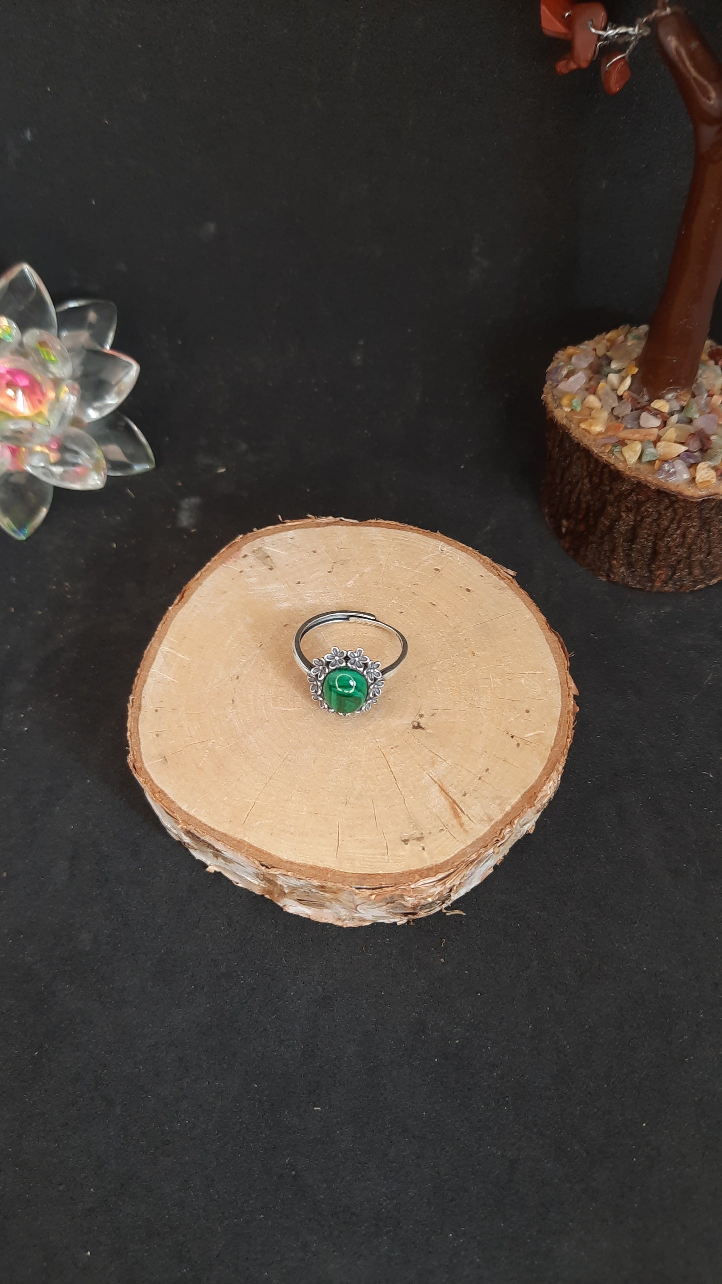 Bague en argent fleur en malachite