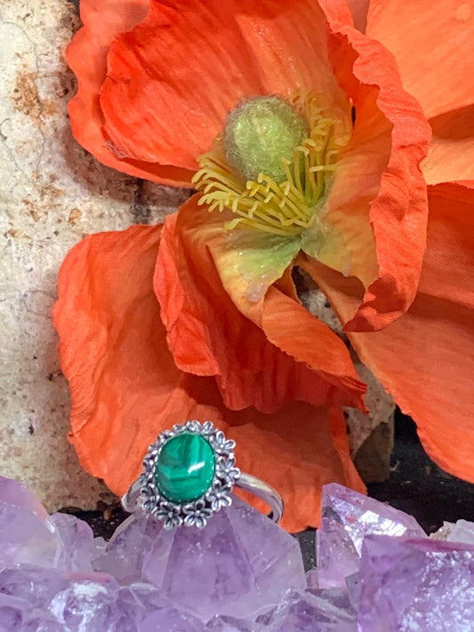 Bague en argent fleur en malachite